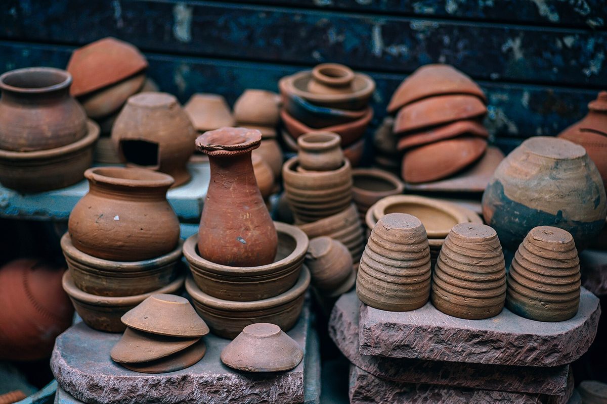 Pots on the studio shelves